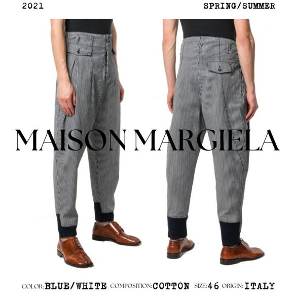 MAISON MARGIELA S/S 2021 Navy White Cotton Blend Stripe Pants - Picture 1 of 7